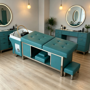 Lit de lavage moderne en cuir avec cadre en <span class=keywords><strong>bois</strong></span> pour salon de coiffure et spa, avec armoire de rangement et repose-pieds en céramique, idéal pour les salons de coiffure et barbiers - Product Image 1