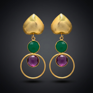 Jaipur Gems Puffed Gold Heart <b>Stud</b> Drop <b>Earrings</b> Dual Gemstone Open Circle Hoop Green Purple Stone Brass 18K Gold Engagement - Product Image 2