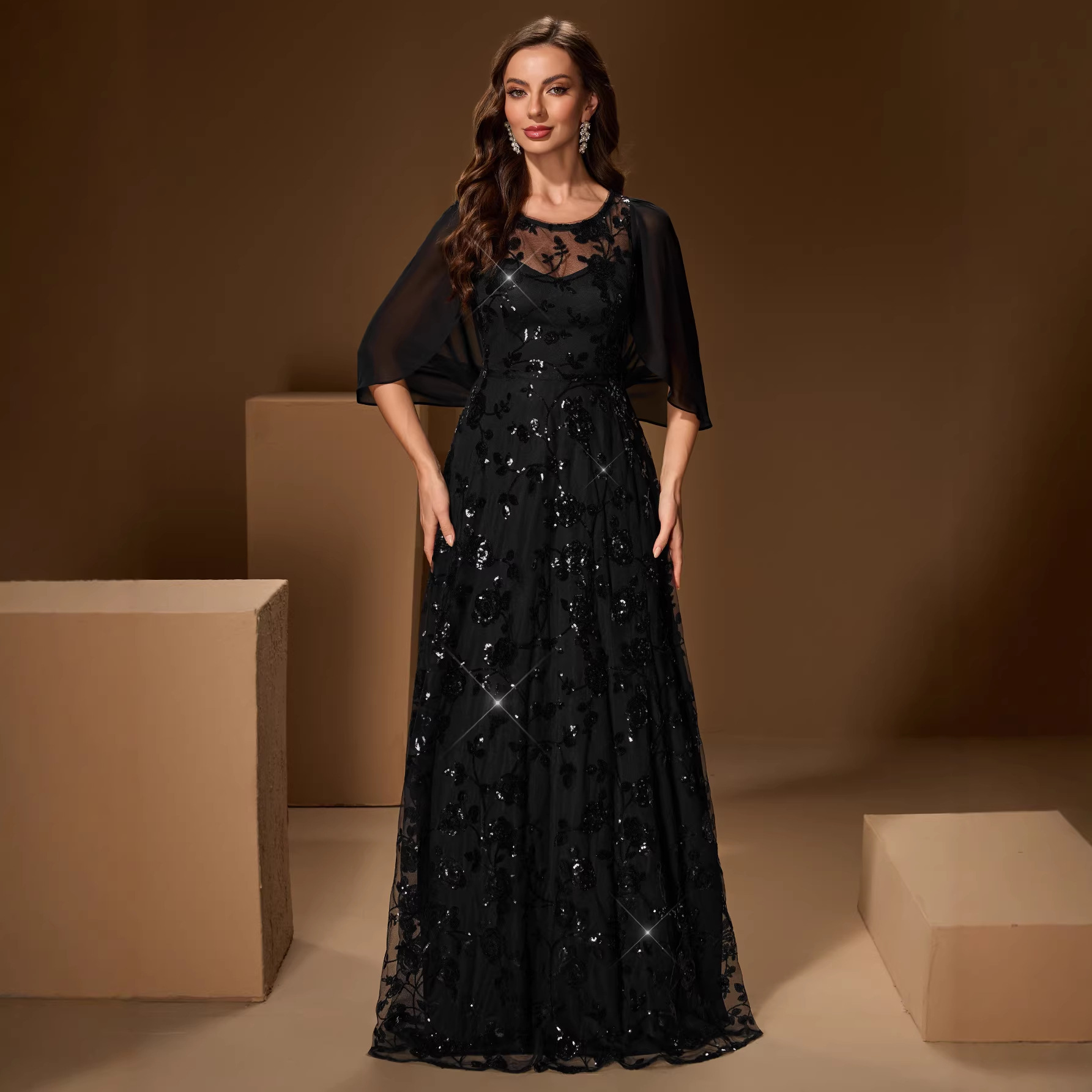 green emerald velvet dress Plus-Size Long Satin Prom Dress with Shawl CH116 Emerald / 2XSmall