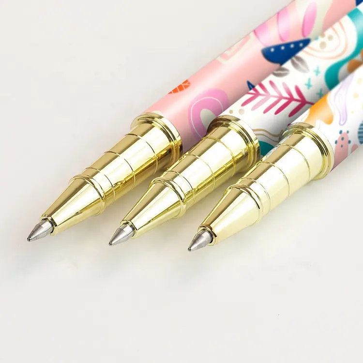 أقلام هدايا فاخرة للفتيات طباعة كاملة تصميم مخصص قلم جل معدني ذهبي وزهري مع شعار