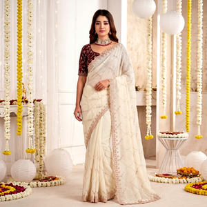 AARA Fashion Elegant Cream Silk <b>Saree</b> <b>Maroon</b> Blouse Traditional Wedding Wear Women India Pakistan Style Floor-Length Regular Fit - Product Image 1