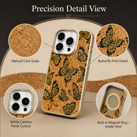 Coque Arrière en Liège Motif Papillon Artistique pour Apple iPhone 12-16, Compatible Charge Sans Fil, Utilisation Quotidienne