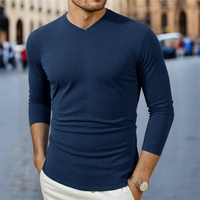 T-shirts en polyester 100% de haute qualité RTS, col en V personnalisé, manches longues, t-shirt noir pour homme, t-shirts unis surdimensionnés, vêtements