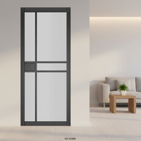 Nouvelle porte coulissante en bois à grille géométrique moderne pour chambre à coucher, finition gris mat, panneaux en verre dépoli, appartement, hôtel, entrepôt, villa