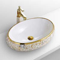 Vanité dorée de luxe, Lavabo de Table en céramique, Lavabo ovale d'art électroplaqué salle de bains, évier