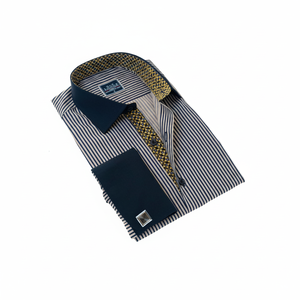 Beige Navy Blue Striped Chest and Collar Detailed French Double <b>Cuff</b> Sleeve Button Boxed Shirt - Product Image 2