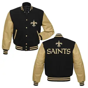 OEM ET ODM Letterman Nouveau Bomber Baseball Jacket Orleans Saints Noir/Or Hommes Varsity Jacket