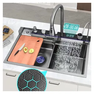 Oem LED kỹ thuật số handmade đen trắng SUS 304 thép không gỉ thác nước thông minh đa chức năng bồn rửa nhà bếp với kéo tap