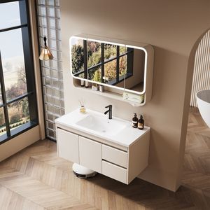 Cream Colored Stainless Steel Bathroom Vanity One-piece Ceramic Basin Cabinet Custom Size Mirror Light Included Baking Paint - Product Image 3