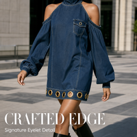 Robe Courte en Jean à Col Halter et Épaules Dénudées pour Femme - Robe en Jean Sexy à Manches Longues Bouffantes avec Œillets Dorés - Bleu Foncé Élégant