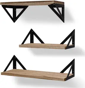 Home Organization Decorative Rustic Triangle Shape Wall Shelf Mounted Set of 3 Wood Floating Shelves