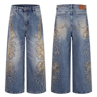 Jean Américain Rétro Haut de Gamme pour Homme, en Denim Épais, Effet Vieilli, Délavé, avec Patchwork Brodé et Détails Effilochés, Coupe Droite à Jambe Large Tendance