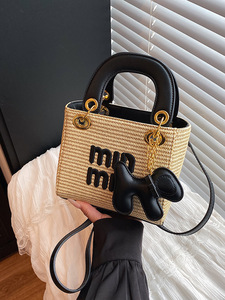 Luxury Designer Inspired <b>Straw</b> Mini Tote <b>Bag</b> Women With Embroidery Lettering Crossbody - Product Image 1