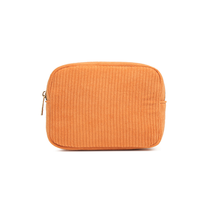 Pochette de maquillage verticale en velours côtelé pastel, durable et écologique, avec fermeture éclair dorée de qualité supérieure, insert compact pour trousse de beauté