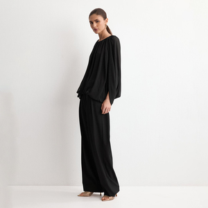 Chemisier <span class=keywords><strong>Noir</strong></span> Oversize à Manches Bouffantes et Ourlet Bulle, Col Rond, en Chiffon Transparent, Coupe Ample, Froncé, Élégant pour <span class=keywords><strong>Soirée</strong></span> - Product Image 6