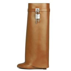 Kat uzun patik yumuşak yerleşimi Slip-on kama topuk ayakkabı kadın diz yüksek çizmeler Metal köpekbalığı kilidi boyutu 43 - Product Image 4