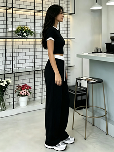 Women Contrast Trim <b>2</b> <b>Piece</b> Matching <b>Set</b>, Short Sleeve Crop Top & Drawstring Wide Leg Pants, Casual Daily Lounge Tracksuit - Product Image 2