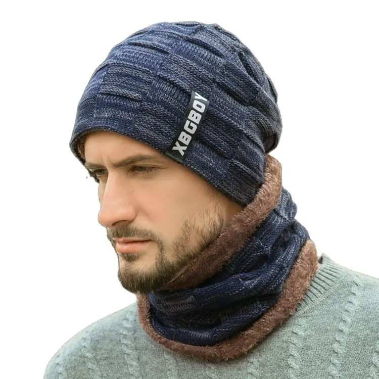2019 warm all in one wholesale custom knit beanie winter scarf and hat set men
