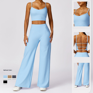 2024 donna 2 pezzi tuta palestra bella <span class=keywords><strong>canotta</strong></span> <span class=keywords><strong>reggiseno</strong></span> sportivo posteriore con tasche pantaloncini pantaloni da donna a coste Fitness Yoga set - Product Image 4