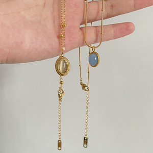2 Designs Oval <strong>Blue</strong> <strong>Aquamarine</strong> Opal Stone Necklace 18K Gold Plated Stainless Steel Necklaces for Women Vintage Baroque Jewelry