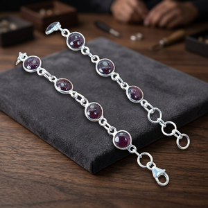 925 Sterling Silver Classic Chain Link Charm <b>Bracelet</b> with <b>Garnet</b> Gemstone for Unisex Everyday Wear - Product Image 3