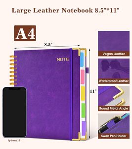 Cuaderno Espiral <span class=keywords><strong>Grande</strong></span> de Tapa Dura, 8.<span class=keywords><strong>5</strong></span>" X 11", Separadores Extraíbles, 300 Páginas, Cuero, <span class=keywords><strong>5</strong></span> Temas, Rayado Universitario, Logotipo Personalizado en Color - Product Image 2