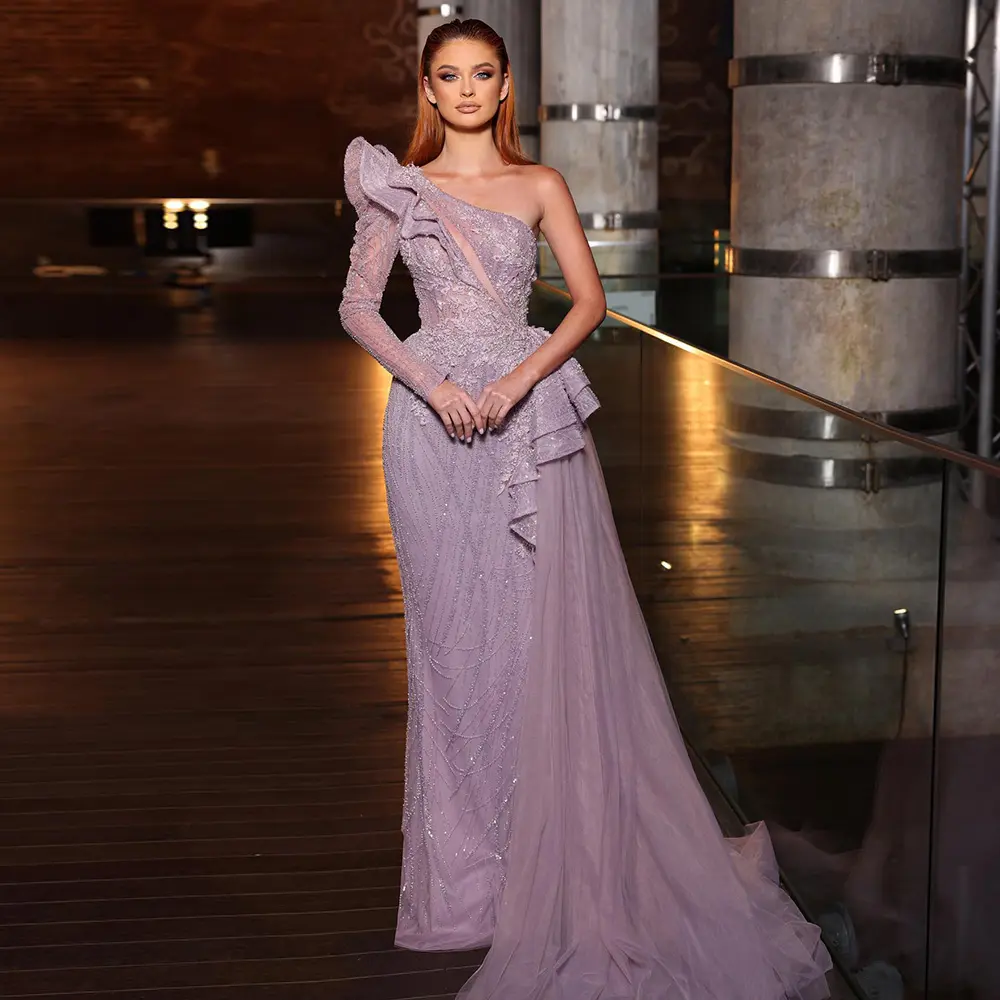 Scz006-1 Pink One Shoulder Luxury Dubai Evening Dresses 2023 Arabic Sexy Side Slit Long Prom Formal Dress For Wedding
