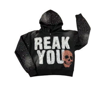 Custom Streetwear Applique Embroidery Distressed Hoodie <b>Rhinestone</b> Zip up <b>Jacket</b> Acid Wash Vintage Faded French Terry Hoodie - Product Image 1