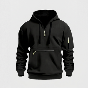 Men's Black Embroidered Half Zip Hoodie Front Pocket Sleeve Regular Fit 100% Cotton Fleece Breathable 350g Winter Sweatshirt - Product Image 1