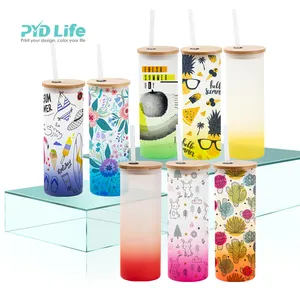 PYD Life RTS Gratis Pengiriman Laut US 17 Oz Gelas Sublimasi Kaca Buram Kosong Tumbler Jar Cangkir dengan Tutup Bambu dan Jerami