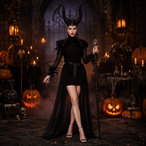 Disfraz de Halloween de la Reina Malvada (Maleficent) con tocado de cuernos y capa de plumas. - Product Image 3