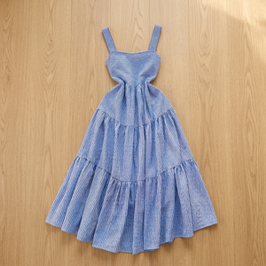 Vestido Midi Azul a Rayas con Tirantes Finos, Estilo Casual de Verano, Tejido de Algodón, Corte Regular, Vestido de Mujer con Estampado Digital para Oficina - Product Image 4