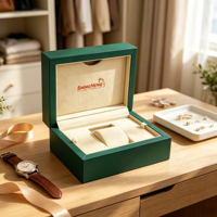 Boîte à montre en bois recouverte de cuir PU vert, doublure en daim beige, logo personnalisé, couvercle à charnière pour le rangement et l'emballage de montres de luxe