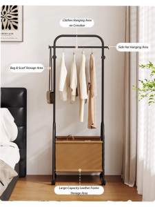 Porte-vêtements de chambre à coucher de style français sur pied, roulettes mobiles, rangement pour vêtements de nuit, panier à linge intégré, porte-manteau - Product Image 2