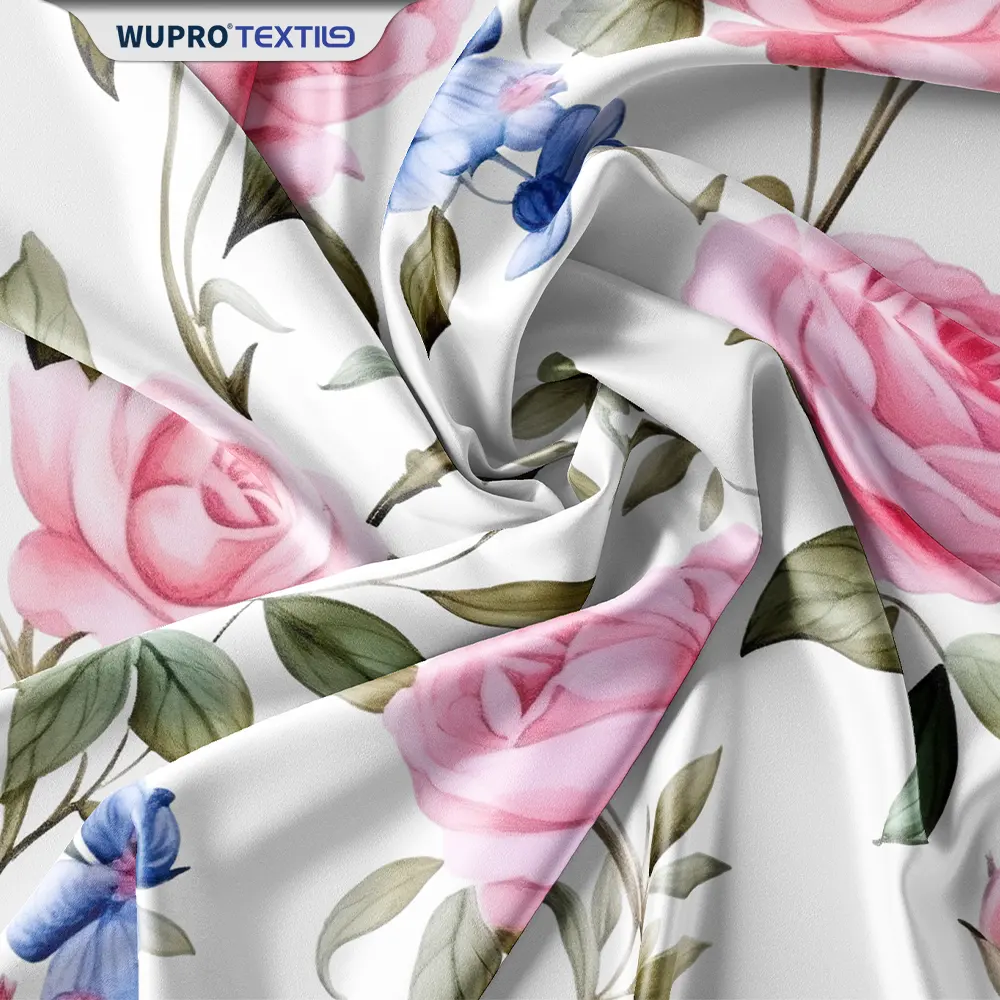 Printtek produsen tenun digital 100 bahan poliester pola bunga kain cetak mawar merah untuk gaun