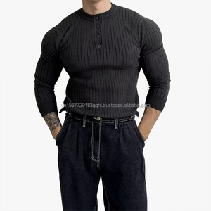 Camiseta de punto de manga larga a rayas de marca de moda, estilo italiano, casual de negocios, corte ajustado, versátil, para hombre, gris oscuro - Product Image 5