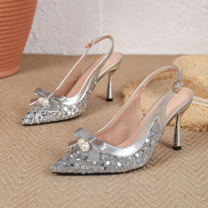 Xuanhui Nuovi Arrivi Sandali da Donna con Tacco Alto 9cm <span class=keywords><strong>Argento</strong></span> Glitterato, Fiocco di Perle, Punta Affusolata, Slingback, per Matrimoni e Feste, Taglie Grandi 35-43 - Product Image 4
