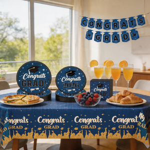 Set di Stoviglie Monouso Blu <span class=keywords><strong>per</strong></span> Festa di Laurea 640430 2026, 98 Pezzi <span class=keywords><strong>per</strong></span> 24 Persone, con Striscione, Piatti, Bicchieri, Tovaglioli e Tovaglia - Product Image 2