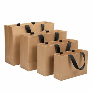 Logo Printing Pure Color Kraft Paper Hot Melt Adhesive Packing Bag With Thread Rope Gift Shopping Packaging Bag