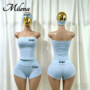 Completo Estivo da Donna Personalizzabile con Logo, Top a Tubino Senza Spalline in Cotone a Pois e Shorts Coordinati, Set Streetwear Elasticizzato - Product Image 2