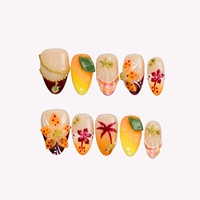 Ongles en acrylique à presser, motif Île Tropicale Orange Coucher de Soleil, fleurs 3D, coquillages, palmiers, chaîne dorée, longueur moyenne, 10 pièces