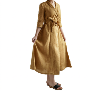Robe Kimono pour Femme, Simple, Écologique, Faite à la Main, 100% Lin, Col en V, Volants, Coupe Ample, Longueur Genou - Product Image 1