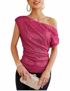 2025 primavera ed estate nuove da donna a manica corta a spalla singola con paillettes a manica corta elegante <span class=keywords><strong>camicetta</strong></span> da donna sottile - Product Image 3