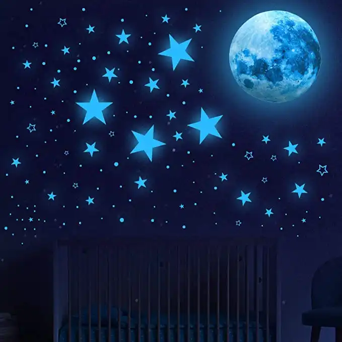 Stiker Langit Biru Menyala Dalam Gelap Bintang dan Bulan Dekorasi Langit-langit Stiker Glitter Dinding Anak-anak