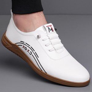 White Men's Lace-Up Casual Shoes Round Toe <b>Rubber</b> Outsole Anti-Slip Driving Autumn Fashion Solid Pattern <b>Strip</b> Decoration - Product Image 1
