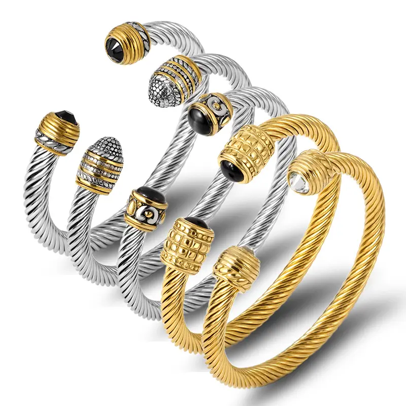 Pulseira banhada a ouro 18k, bracelete de aço inoxidável com fio torcido, grosso e ajustável, joia