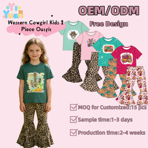 Conjunto de ropa elástica de 2 piezas para niñas pequeñas: camiseta de manga corta con estampado de cactus y pantalones acampanados con volantes y estampado de leopardo - Product Image 1