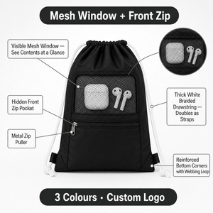 Custom Sport <b>Drawstring</b> Bag with Visible Mesh Pocket and Front Zip 3 Colors Cinch Sack for Gym Commute Outdoor Wholesale - Product Image 2