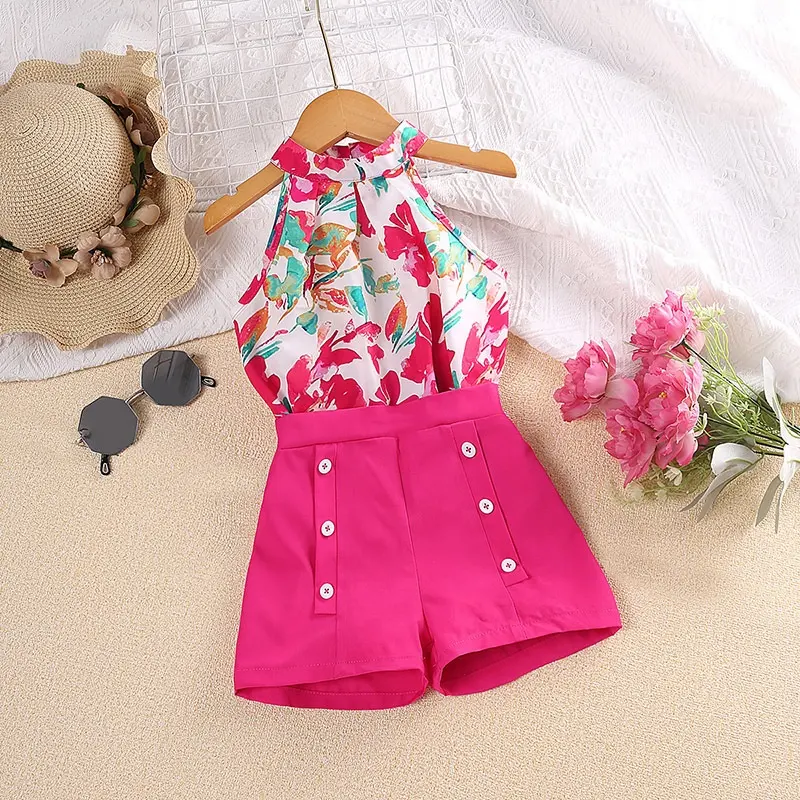 2023 Summer Fashion Children Girls Set Sleeveless Floral Print Halter Vest Button Shorts 2 Piece Suit Kids Clothes Wholesale