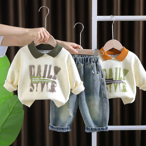 90 कपास की लंबी आस्तीन टी-ब्लू डेनिम पैंट सेट दैनिक स्टाइल प्रिंट शरद ऋतु आकस्मिक पोशाक - Product Image 3